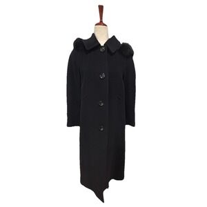 Sachi Collection Wool Angora Fox Fur Trimmed Hood Long Coat Black Womens 4 EUC